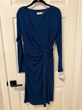 New Calvin Klein Long Sleeve Blue Midi Dress with ruching detail- Size 6